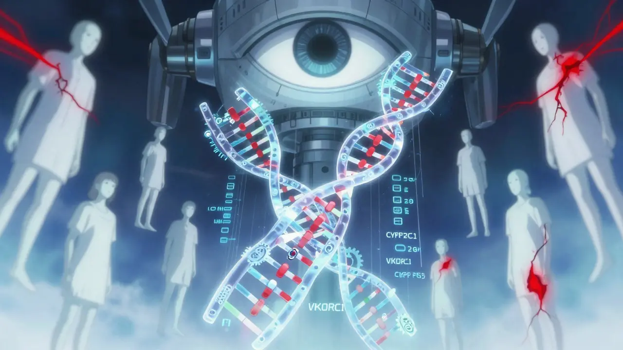 Holographic DNA helix and robotic scanner representing genetic risk