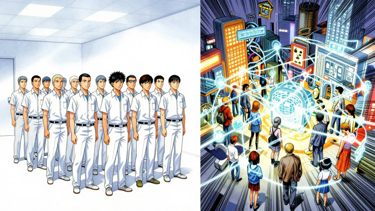 Manga contrast between sterile traditional trials and diverse PopPK patient data networks.