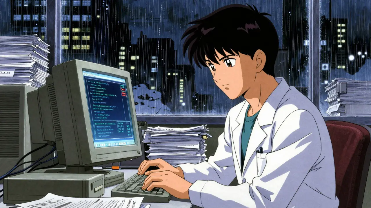 Otomo-style researcher studying complex PK models on glowing screens in a rainy office.