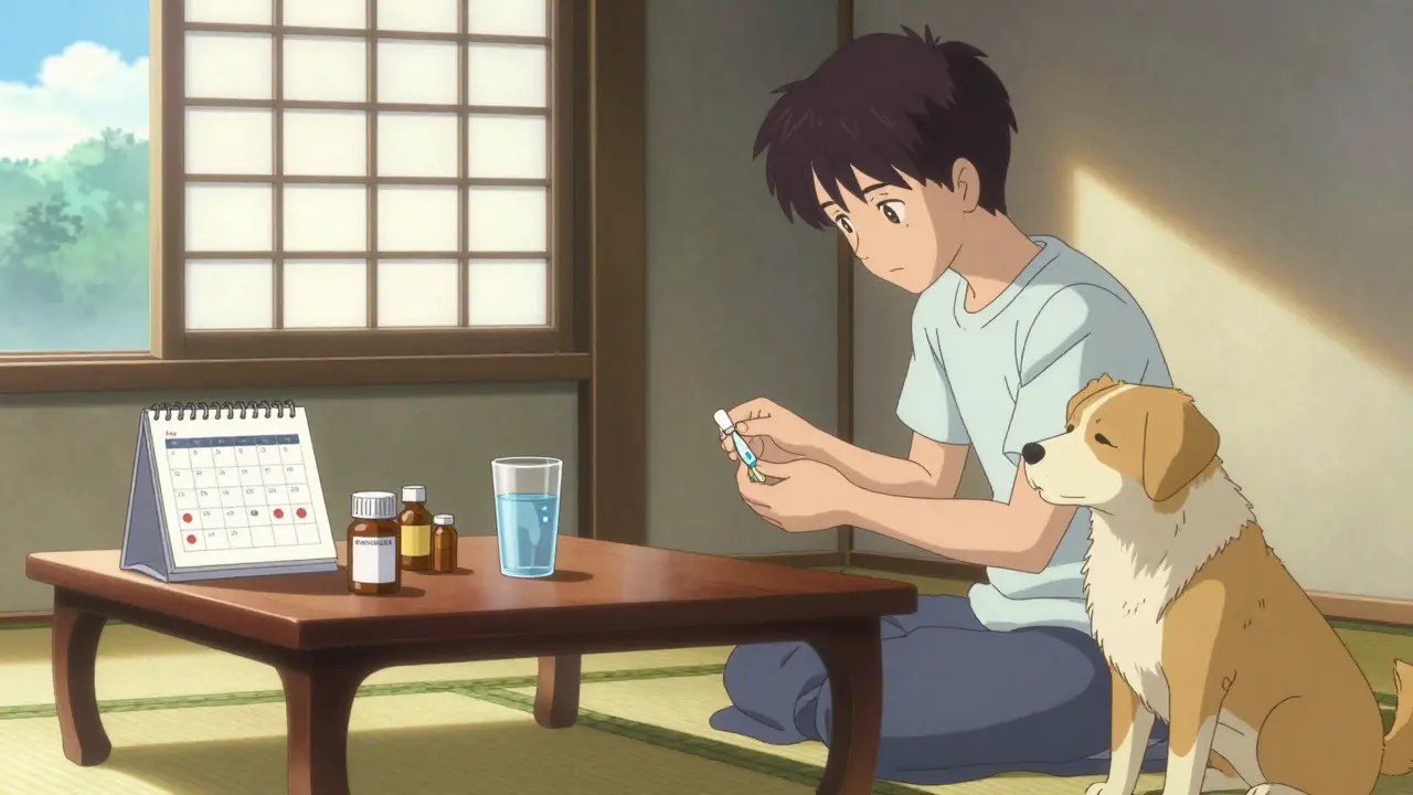 Owner giving meds to dog in sunlit Japanese room