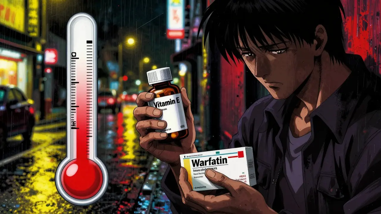 Patient holding supplements with a rising INR gauge in a rainy city