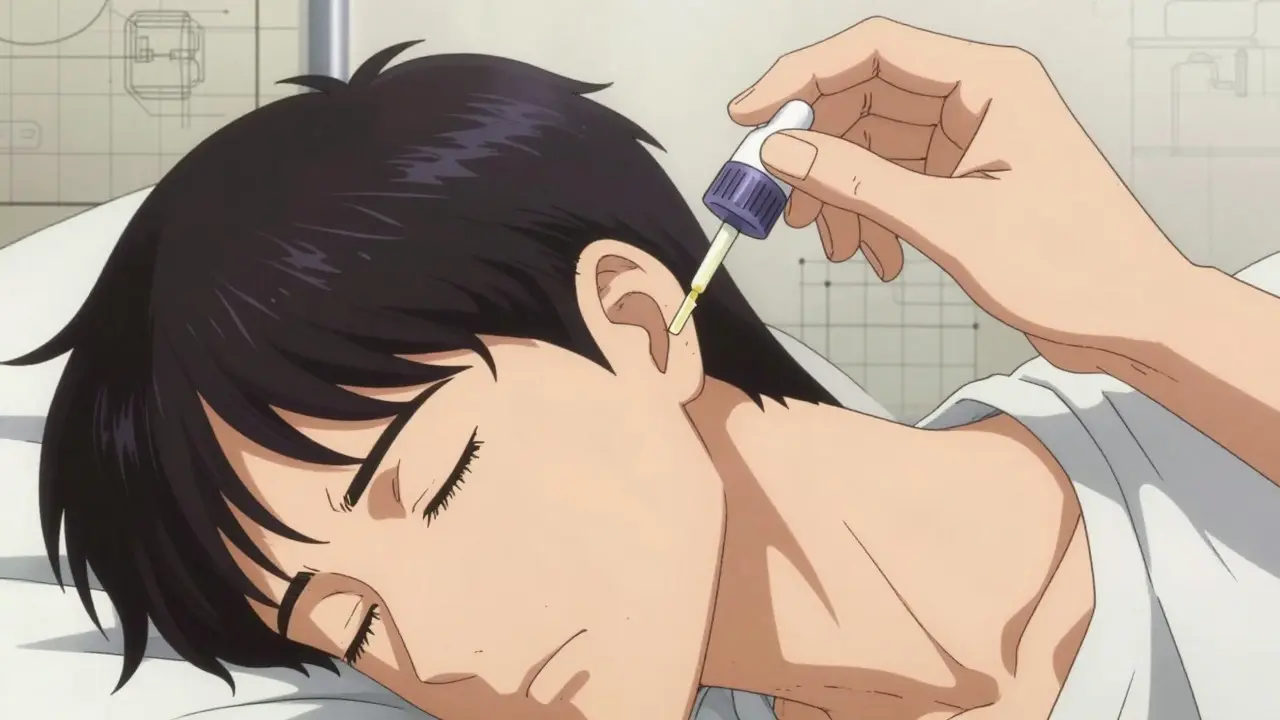 Person correctly applying ear drops while lying on their side