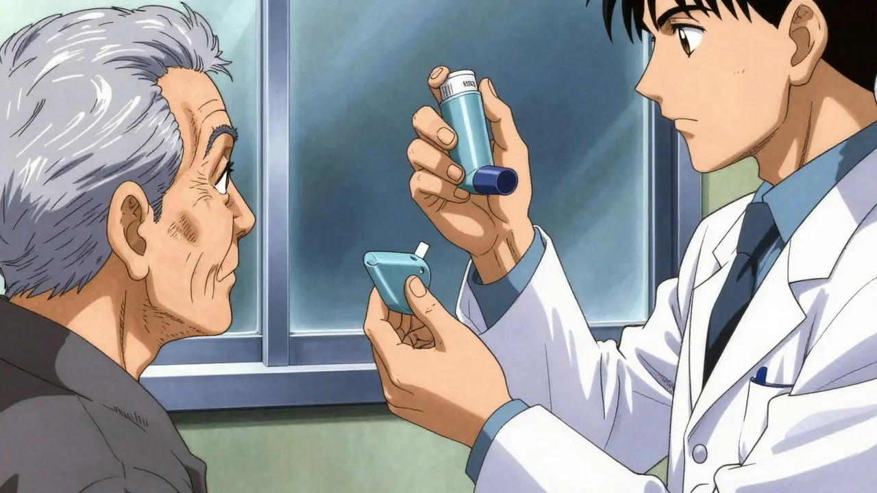 Pharmacist demonstrating inhaler use to an elderly patient in manga style