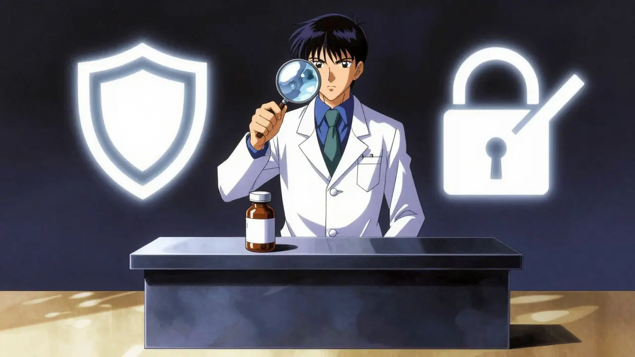 Pharmacist using a magnifying glass to inspect a medicine bottle for safety
