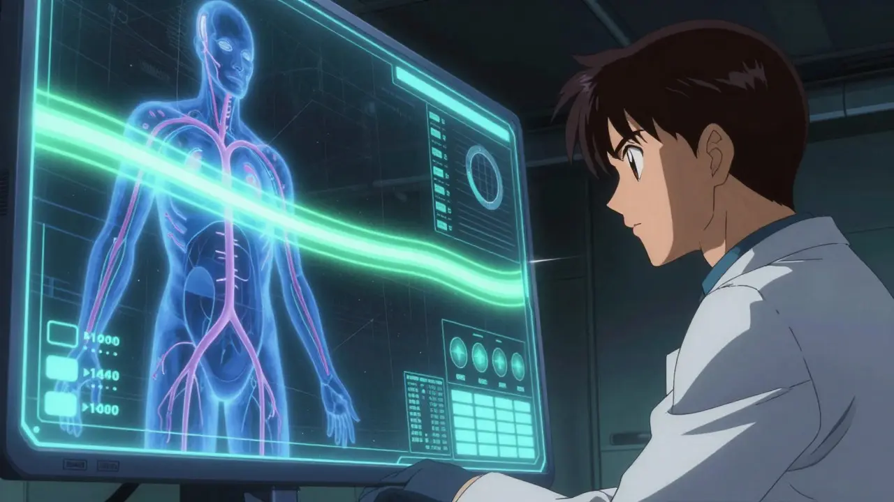 Scientist viewing glowing blood flow data in an anime setting